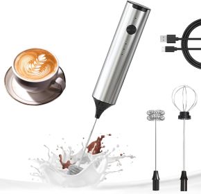 Rechargeable Milk Frother Wand Handheld, 3 Speed Adjustable Electric Drink Mixer with 2 Whisks, Stainless Steel Stirrer for Coffee, Lattes