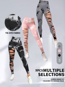 3 Pack Women's Tie Dye Cutout Tights High Waist Workout Yoga Leggings, Scrunch Butt Lifting Elastic Pants