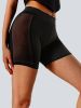 High-Waist Mesh Panel Yoga Shorts ��� 3'' Inseam, Sheer & Sexy, Stretchy Workout Essentials for Women"