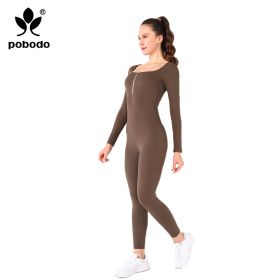 Square Collar Chest Short Zipper Jumpsuit (Option: Brown-S)