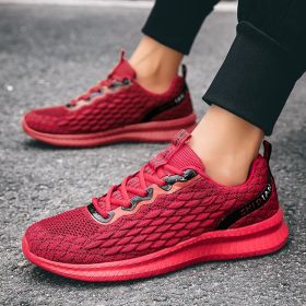 2024 new men's sports shoes flying woven leisure running shoes (Color: Red, size: 47)