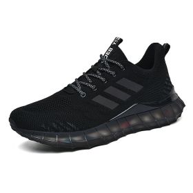 Popular men's breathable flying woven sneakers casual mesh shoes Popcorn sole running shoes 39-44 (Color: Black, size: 42)