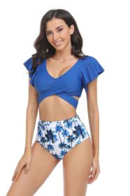 Two Pieces Sport Bra High Waist Ruffle Swimsuit (Select Color: Blue, Select Size: L)