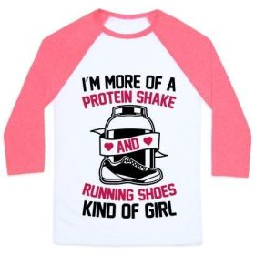 I'M MORE OF A PROTEIN SHAKE AND RUNNING SHOES KINDA OF GIRL UNISEX CLASSIC BASEBALL TEE (Size-Color: x-large-White/Neon Pink, Style: Unisex Classic Baseball Tee)