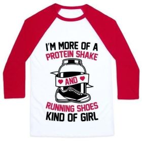 I'M MORE OF A PROTEIN SHAKE AND RUNNING SHOES KINDA OF GIRL UNISEX CLASSIC BASEBALL TEE (Size-Color: medium-White/Red, Style: Unisex Classic Baseball Tee)