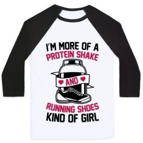 I'M MORE OF A PROTEIN SHAKE AND RUNNING SHOES KINDA OF GIRL UNISEX CLASSIC BASEBALL TEE (Size-Color: x-small-White/Black, Style: Unisex Classic Baseball Tee)