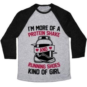 I'M MORE OF A PROTEIN SHAKE AND RUNNING SHOES KINDA OF GIRL UNISEX TRI-BLEND BASEBALL TEE (Size-Color: 2x-large-Athletic Gray / Black, Style: Unisex Tri-Blend Baseball Tee)