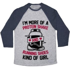 I'M MORE OF A PROTEIN SHAKE AND RUNNING SHOES KINDA OF GIRL UNISEX TRI-BLEND BASEBALL TEE (Size-Color: small-Athletic Gray / Navy, Style: Unisex Tri-Blend Baseball Tee)