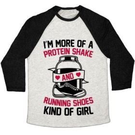 I'M MORE OF A PROTEIN SHAKE AND RUNNING SHOES KINDA OF GIRL UNISEX TRI-BLEND BASEBALL TEE (Size-Color: small-Oatmeal / Black, Style: Unisex Tri-Blend Baseball Tee)