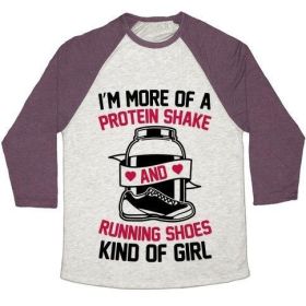I'M MORE OF A PROTEIN SHAKE AND RUNNING SHOES KINDA OF GIRL UNISEX TRI-BLEND BASEBALL TEE (Size-Color: large-Oatmeal / Maroon, Style: Unisex Tri-Blend Baseball Tee)